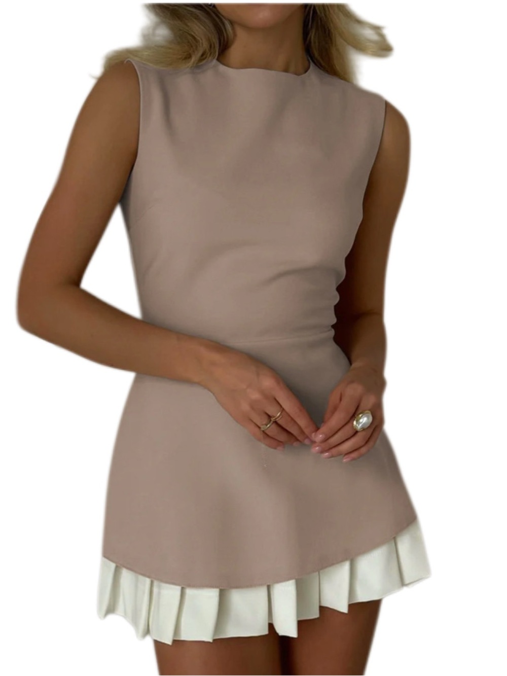 NWT Commense  Beige & White Sleeveless Pleated Tank A/Line Dress Size Small